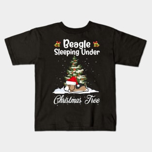 Beagle Sleeping Under Christmas Tree Funny Xmas Dog Lover Kids T-Shirt